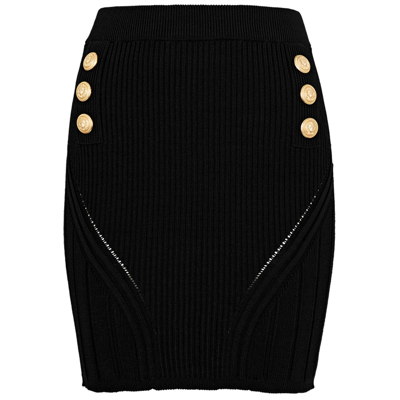 Shop Balmain Black Ribbed-knit Mini Skirt