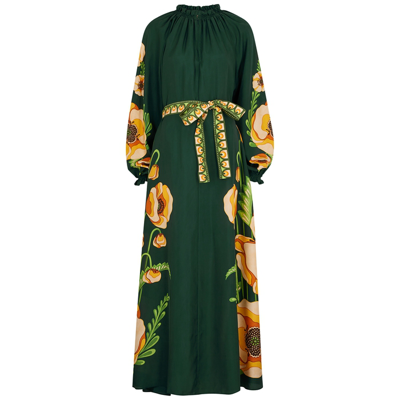 Shop La Doublej Cerere Green Floral-print Silk-satin Dress