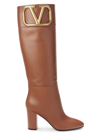 Shop Valentino Women's Block Heel Leather Knee High Boots In Selleria