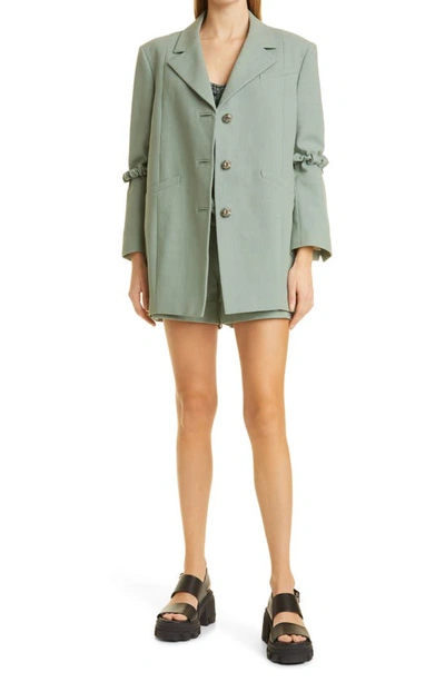 Shop Ganni Check Ruched Stretch Seersucker Blouse In Mini Check Green Bay