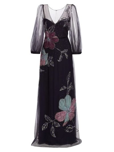 Shop Marchesa Notte Women's Beaded Floral Tulle Gown In Navy