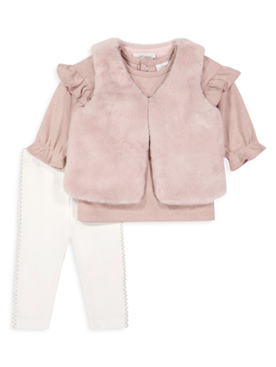 Shop Miniclasix Baby Girl's Vest, Ruffled Top, & Leggings Set In Mauve