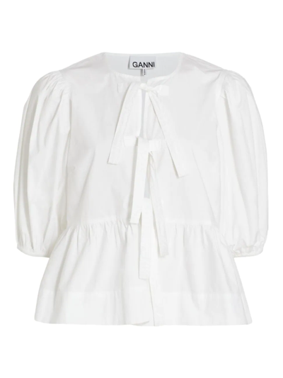 Shop Ganni Women's Cotton Poplin Peplum Blouse In Bright White