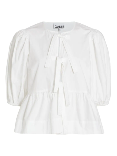 Ganni Poplin Front-tie Peplum Blouse With Puffed-sleeves In White