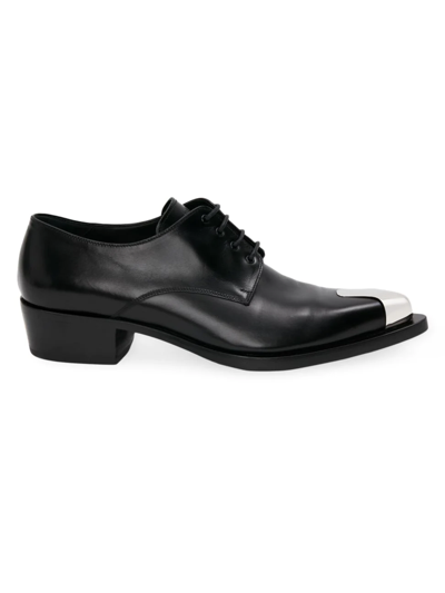 Shop Alexander Mcqueen Men's Pointed Toe Leather Loafers In Black Silver