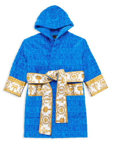 Shop Versace Little Kid's & Kid's Logo Print Hooded Bathrobe In Blue