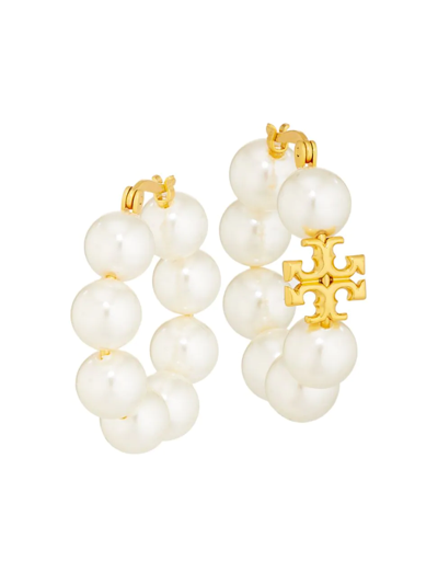 Shop Tory Burch Women's Kira 14k-gold-plated & Faux Pearl Hoop Earrings In White