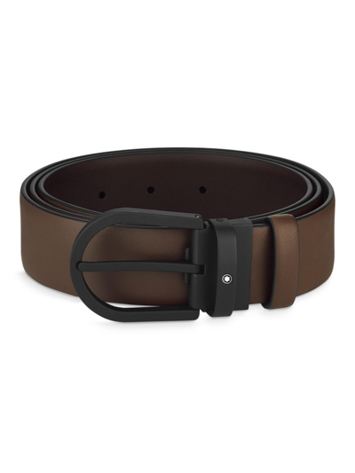Shop Montblanc Men's Rubberized Horseshoe Buckle Leather Belt In Brown