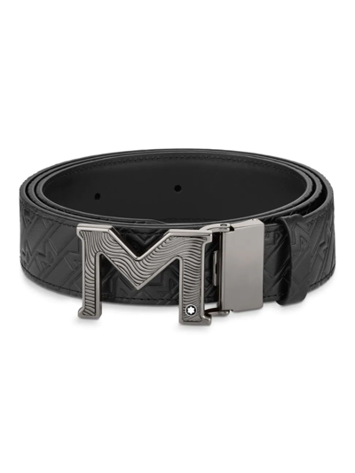 Shop Montblanc Men's M Guillochè Buckle Reversible Leather Belt In Black
