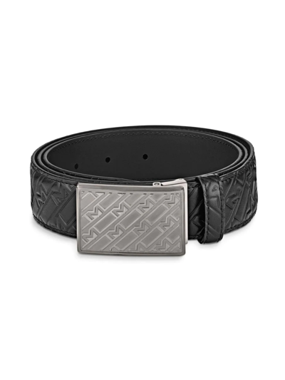 Shop Montblanc Men's Leather Plate Buckle Belt In Black