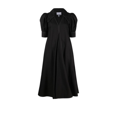 Shop Ganni Black Puff Sleeve Midi Dress