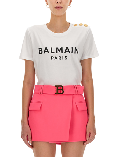 Balmain Logo Print T-shirt In Blanc/noir | ModeSens