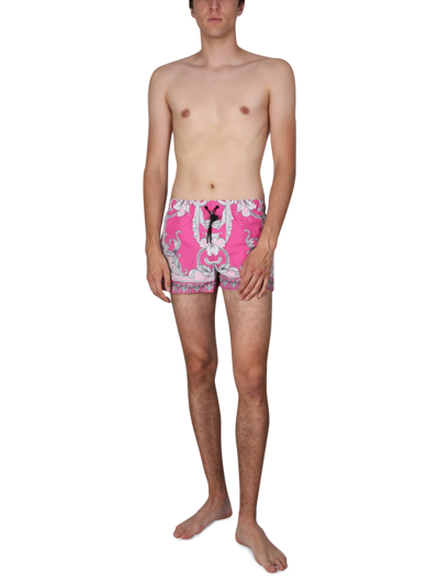 Shop Versace Silver Baroque Swimsuit In Fucsia