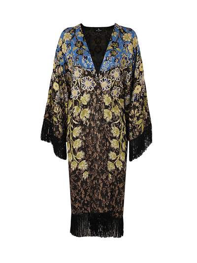 Shop Etro Floral-pattern Fringed Draped Poncho In Blue