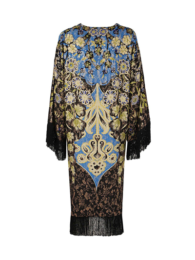 Shop Etro Floral-pattern Fringed Draped Poncho In Blue