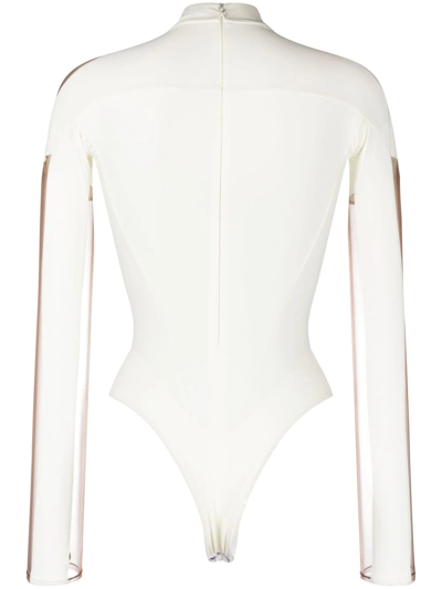 Shop Mugler Sheer-panel Long-sleeve Bodysuit In White