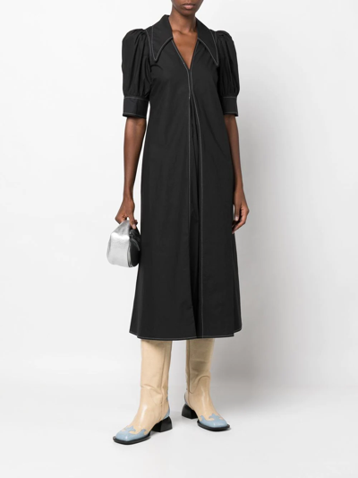 Shop Ganni Puff-sleeved Box-pleat Dress In Black