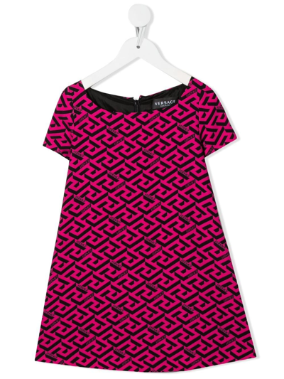 Shop Versace La Greca-print Short-sleeve Dress In Pink