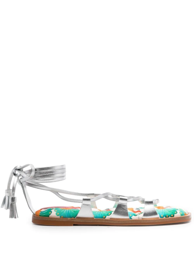 La Doublej Metallic Peacock Ankle-wrap Gladiator Sandals In Grey