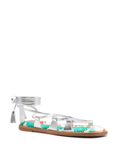 La Doublej Metallic Peacock Ankle-wrap Gladiator Sandals In Grey