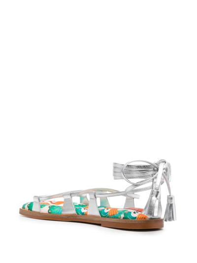 La Doublej Metallic Peacock Ankle-wrap Gladiator Sandals In Grey