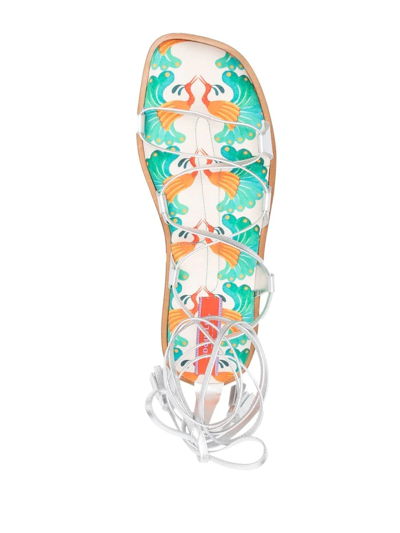 La Doublej Metallic Peacock Ankle-wrap Gladiator Sandals In Grey