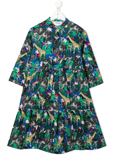 Shop Kenzo Animal-print Tiered Dress In Blue