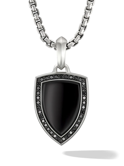 Shop David Yurman Sterling Silver Shield Onyx And Diamond Amulet