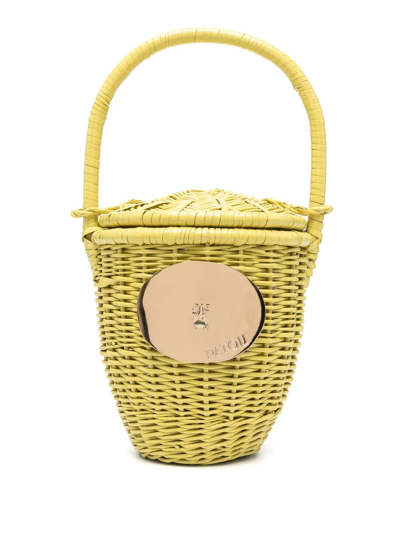 Shop Patou Logo Plaque Wicker Bucket Bag In Yellow