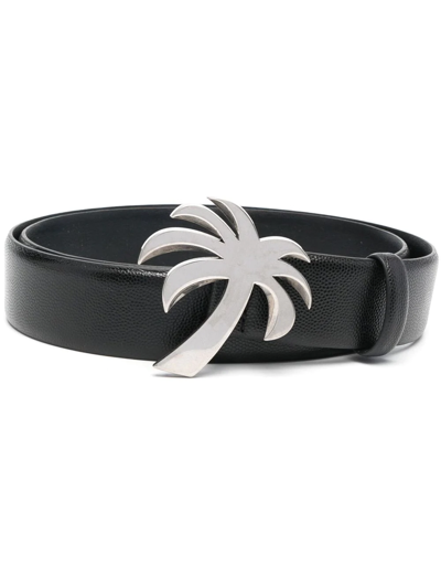 Palm Angels Leather Belt With Palm-shaped Buckle 35mm In Black