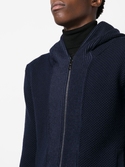 Shop Giorgio Armani Knitted Zip-up Hoodie In Blue