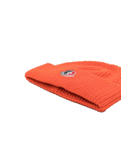 Shop Moncler Logo-patch Wool Beanie In Orange