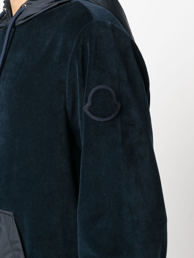 Shop Moncler Logo-patch Sleeve Velvet Hoodie In Blue
