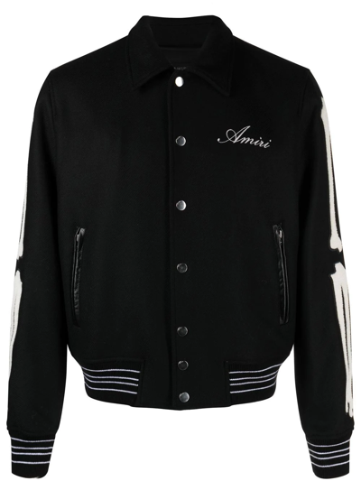 Shop Amiri Bones Appliqué Wool-blend Bomber Jacket In Black