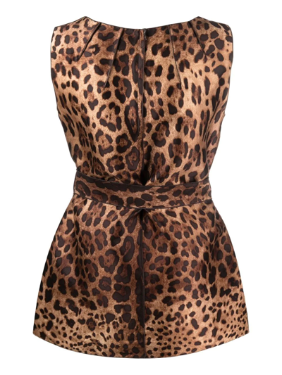 Pre-owned Dolce & Gabbana Leopard-print Belted Silk Minidress In Brown