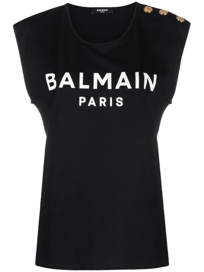 Shop Balmain Button-detail Logo-print Tank Top In Black