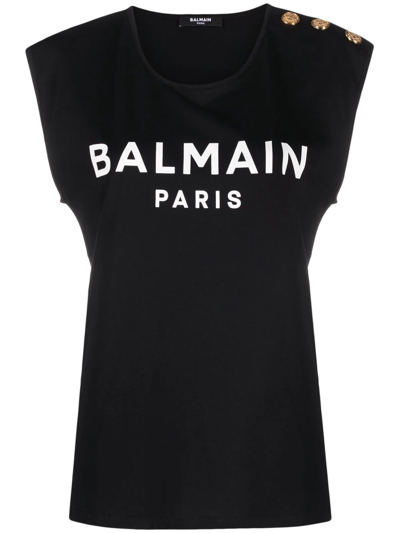Balmain Logo Print Button Embellished Tank Top In Black