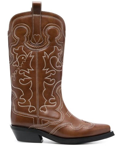 Shop Ganni Embroidered Western Boots In Brown