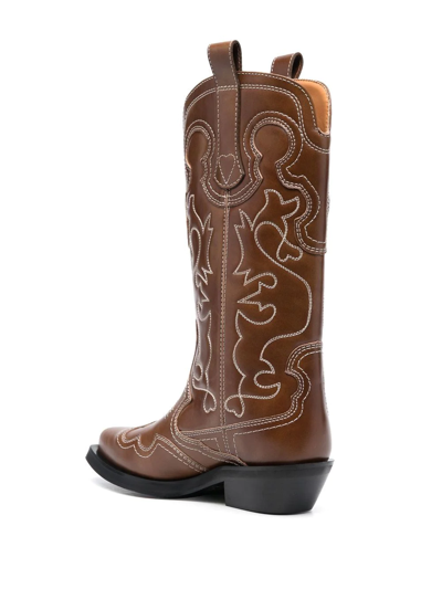 Shop Ganni Embroidered Western Boots In Brown