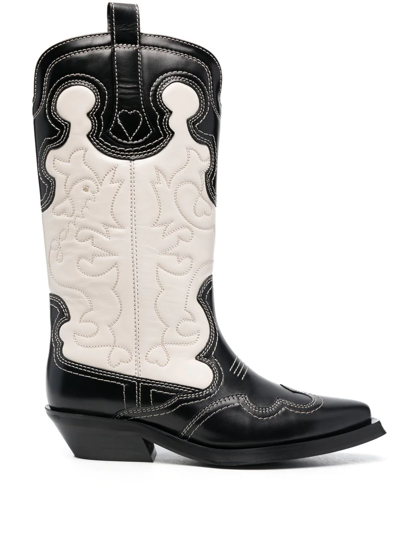 Shop Ganni Embroidered Western Boots In Black