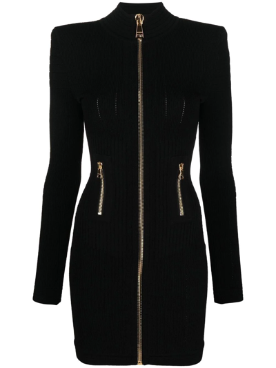 Shop Balmain Ribbed Zip-up Dress In Black