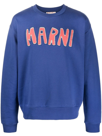 Shop Marni Logo-appliqué Crew-neck Sweatshirt In Blue