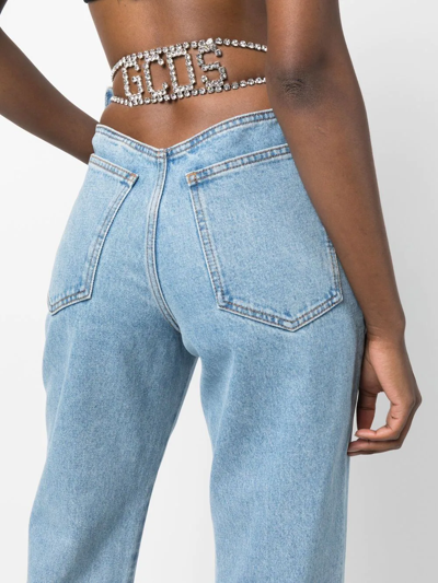 Shop Gcds Crystal Logo-embellished Cropped Jeans In Blue