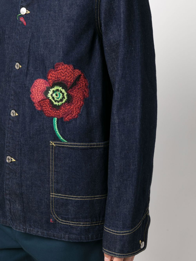 Shop Kenzo Embroidered-flower Detail Denim Jacket In Blue