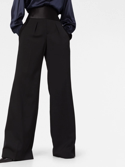 Tom Ford Silk Satin-trimmed Grain De Poudre Wool Wide-leg Pants In Black
