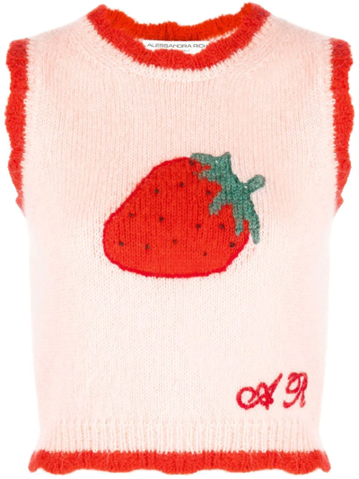 Shop Alessandra Rich Intarsia Strawberry Knitted Top In Pink