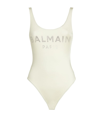 Shop Balmain Logo Swimsuit In White