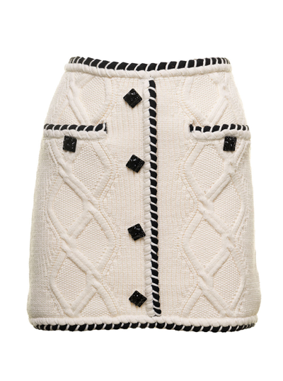 Self-portrait Cable Knit Mini Skirt With Twisted Trimmings In White