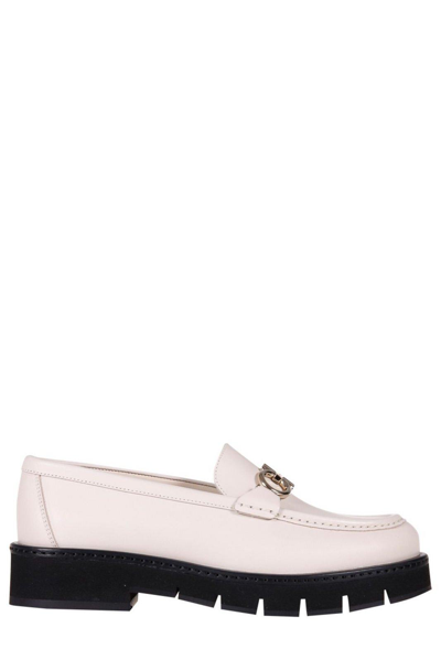 Shop Ferragamo Gancini Logo Plaque Loafers In Osso