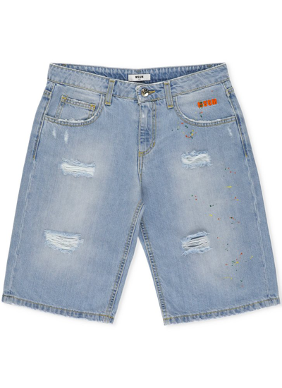 Shop Msgm Kids Distressed Denim Shorts In Blue
